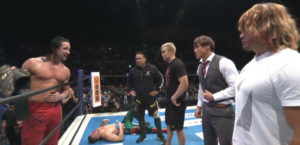 超豪華なリング上！棚橋・オカダ・飯伏・オスプレイ・後藤・ジェイが並び立つ。内藤哲也は蚊帳の外...